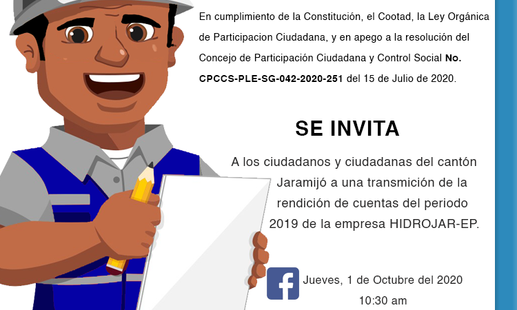 A LA CIUDADANÍADe conformidad a lo que establece la ley Orgánica del Consejo de Participación Ciudadana y Control Social; de la Ordenanza de Organización y Funcionamiento del Sistema de Protección Integral de Derechos de los Grupos de Atención Prioritaria del cantón Jaramijó y en cumplimiento a la Resolución del CPCCS-PLE-SG-042-2020-251, la empresa Hidrosanitaria del cantón […]